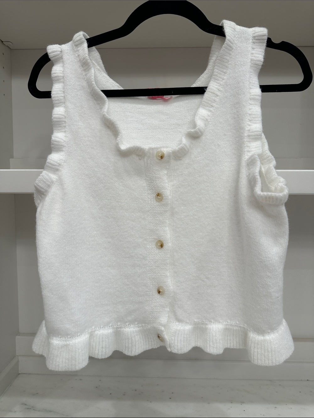 Pink Lily small White Ruffle Knit Button-Front Tank Top.  Great condition